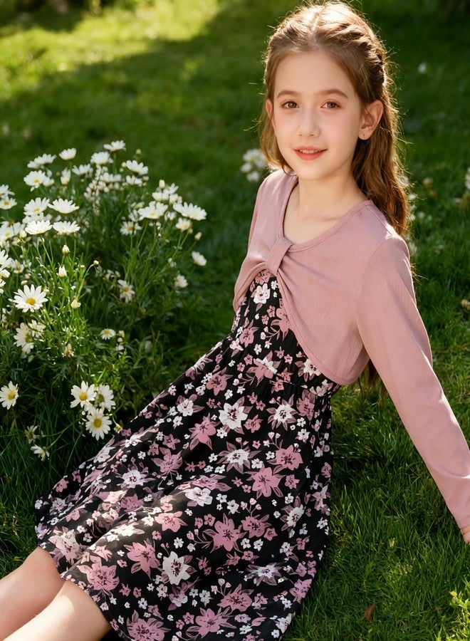 Kimoda Girl's 2 Piece Outfit Printed Cami Dress with Long Sleeve Bow Crop Cardigan Set for 5-12 Years, Dark Pink, 7-8 Years - Image 3