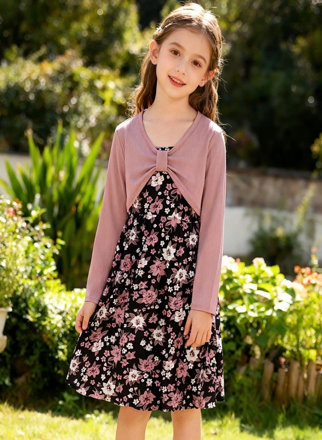 Kimoda Girl's 2 Piece Outfit Printed Cami Dress with Long Sleeve Bow Crop Cardigan Set for 5-12 Years, Dark Pink, 7-8 Years - Image 4