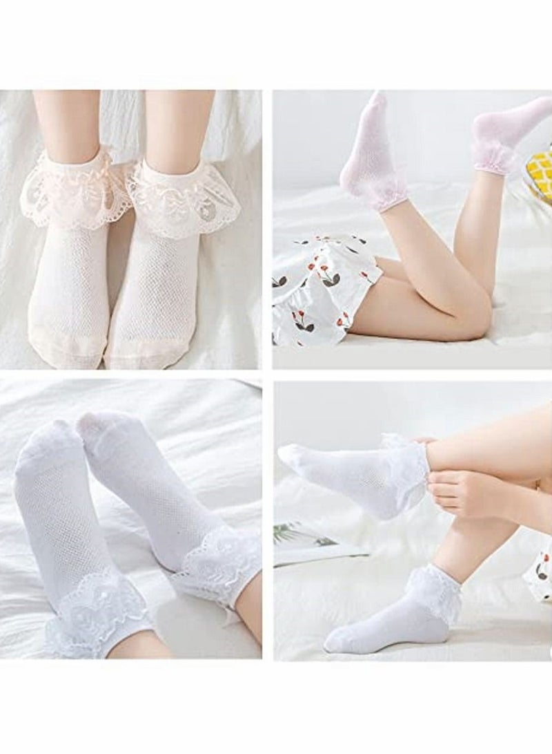 SYOSI 6 أزواج من الجوارب للفتيات المكشكشة، جوارب كاحل قطنية من الدانتيل الفاخر، جوارب دانتيل للفتيات، جوارب دانتيل مدرسية، جوارب فستان رقص الأميرة البيضاء لعمر 5 سنوات - Image 5