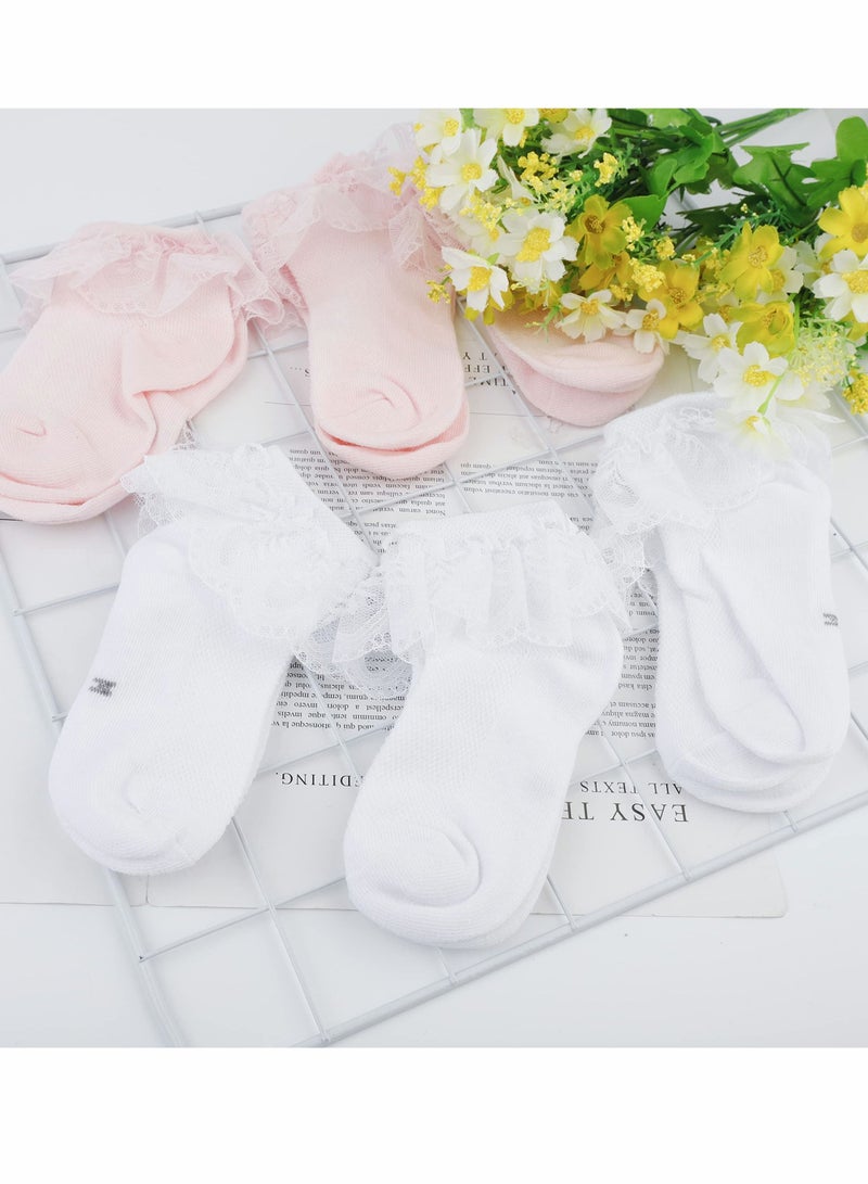 SYOSI 6 أزواج من الجوارب للفتيات المكشكشة، جوارب كاحل قطنية من الدانتيل الفاخر، جوارب دانتيل للفتيات، جوارب دانتيل مدرسية، جوارب فستان رقص الأميرة البيضاء لعمر 5 سنوات - Image 3