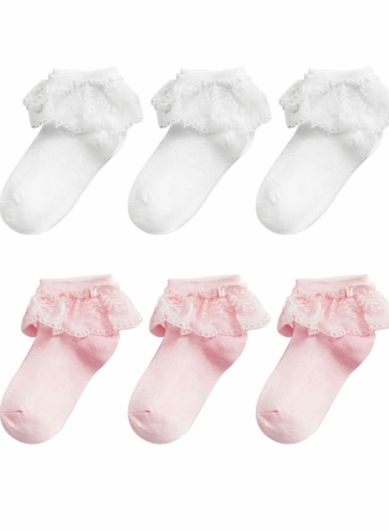 SYOSI 6 أزواج من الجوارب للفتيات المكشكشة، جوارب كاحل قطنية من الدانتيل الفاخر، جوارب دانتيل للفتيات، جوارب دانتيل مدرسية، جوارب فستان رقص الأميرة البيضاء لعمر 5 سنوات - Image 1