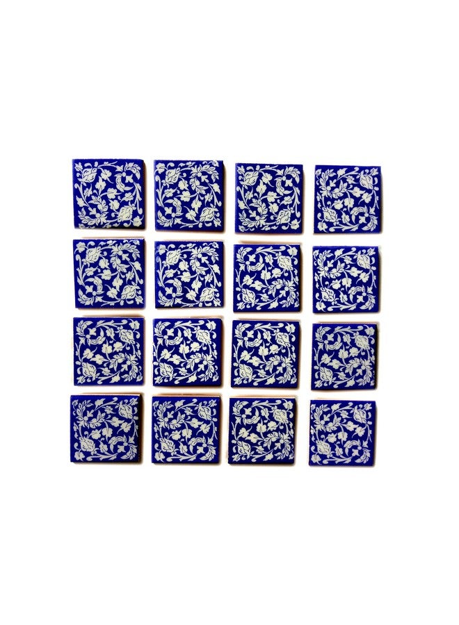 Shiv Kripa Blue Pottery Floral Decorative Mosaic Wall Tiles 3 x 3 Inch Set of 16 Tiles (Blue & White) - Image 1