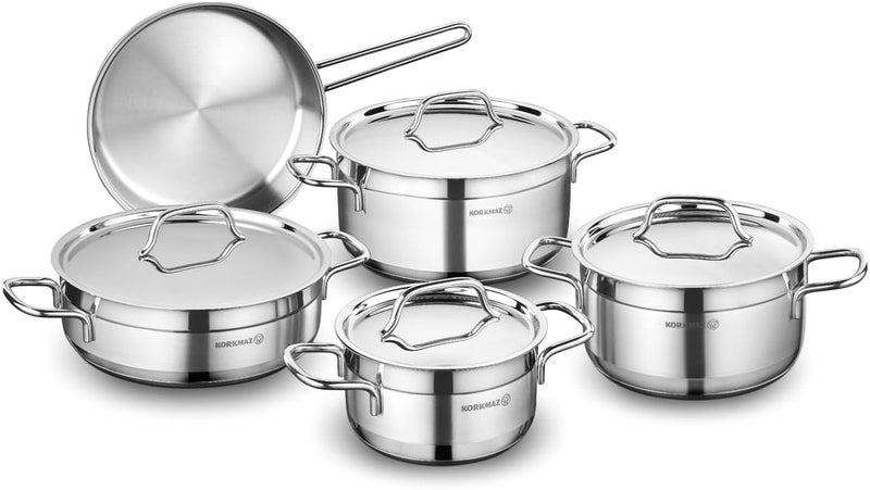 Korkmaz Alfa 9 Piece Cookware Set - Stainless Steel Cookware - Image 1