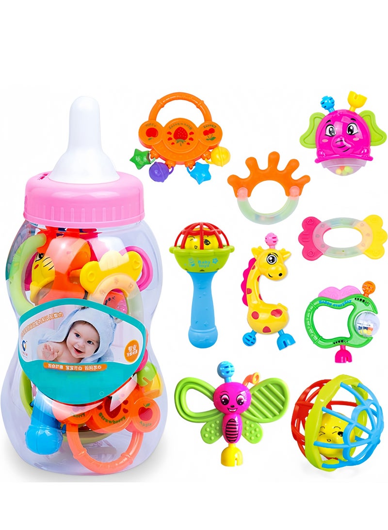9pcs Multi-Shaped Baby Rattle Toy Set, Infant Teething Toys, Grab and Spin Rattles Sensory Toy Set, Food Grade Silicone Material, Rich Colors, Baby Toys Gift for Babies Boy sand Girls, Early Educati - Image 1