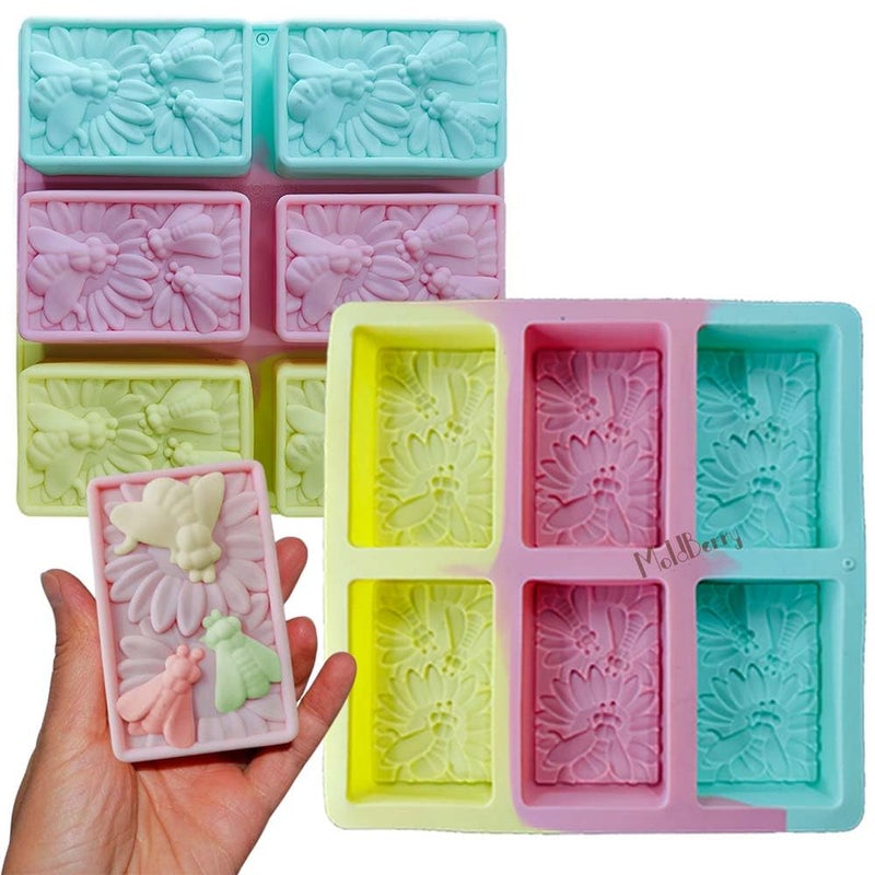 MoldBerry 6 Cavity Silicone Rectangle Soap Mould for Soap Making Perfect for Bee Shape Soap Mold for Handmade Soap Lotion Bars Wax Melts Beeswax Pack 1
