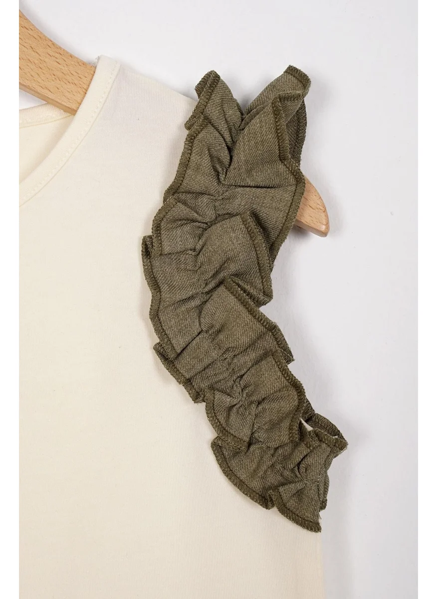 Zepkids Crew Neck Zero Sleeve Frilled Sleeve Edges Short Ecru Khaki Color Girl's Two Piece Set