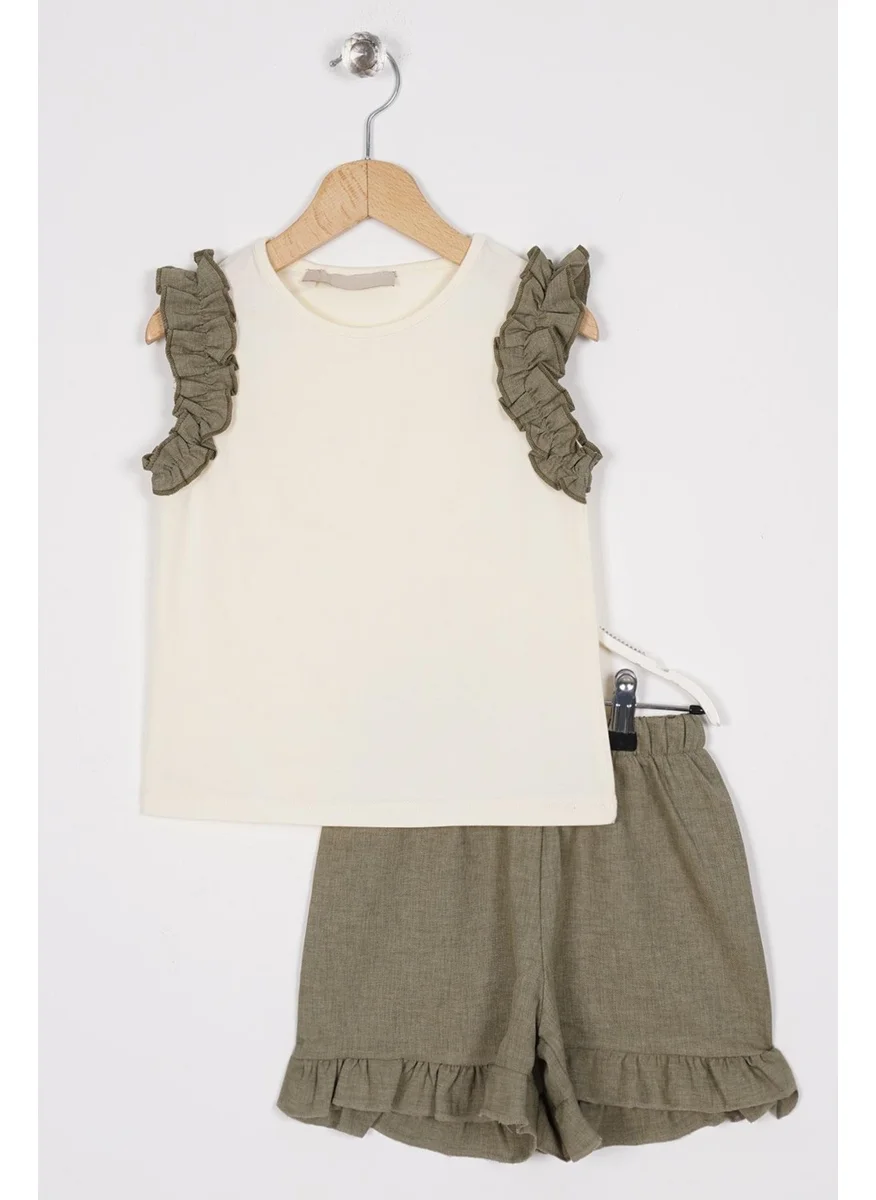 Zepkids Crew Neck Zero Sleeve Frilled Sleeve Edges Short Ecru Khaki Color Girl's Two Piece Set