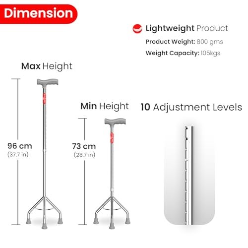 EASYCARE® Walking Stick | Lightweight Aluminium with 10 Height Levels Adjustable | Ergonomic Handle, Anti-Slip Base | Support for Old Age Seniors, Men, Women & Patients (High Rise 3 Legs) - Image 5