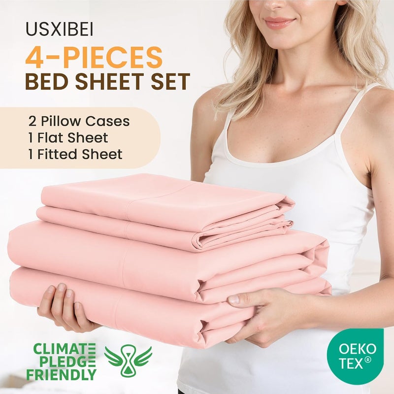 USXIBEI Queen Size 4 Piece Bed Sheet Set - Ultra Imitation Cotton-Premium Breathable & Cooling Sheets - Hotel Luxury Bed Sheets Deep Pocket up to 15"- Wrinkle, Fade, Stain Resistant (Baby Pink, Queen) - Image 2