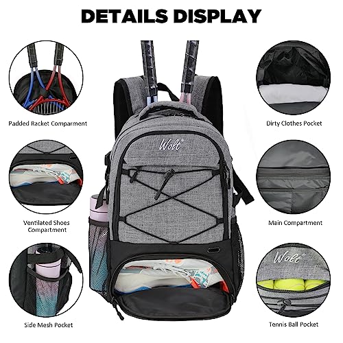 WOLT Tennis Bag - Large Tennis Racket Backpack for Men & Women - Ventilated Shoe Compartment - Holds 2 Rackets- Grey - Image 4