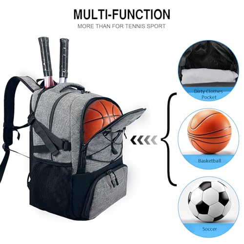 WOLT Tennis Bag - Large Tennis Racket Backpack for Men & Women - Ventilated Shoe Compartment - Holds 2 Rackets- Grey - Image 2