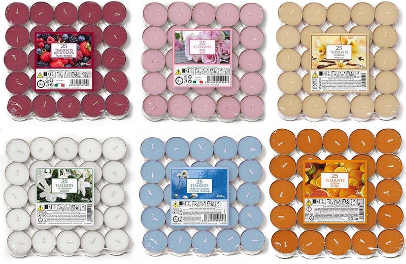 Prices Petali Brand 150 Tea Lights Candles Scented Tealights 25 x 6 Scents Mixed Pack  Cotton Flowers Mixed Berries Citrus Rose Lavender  Cinnamon