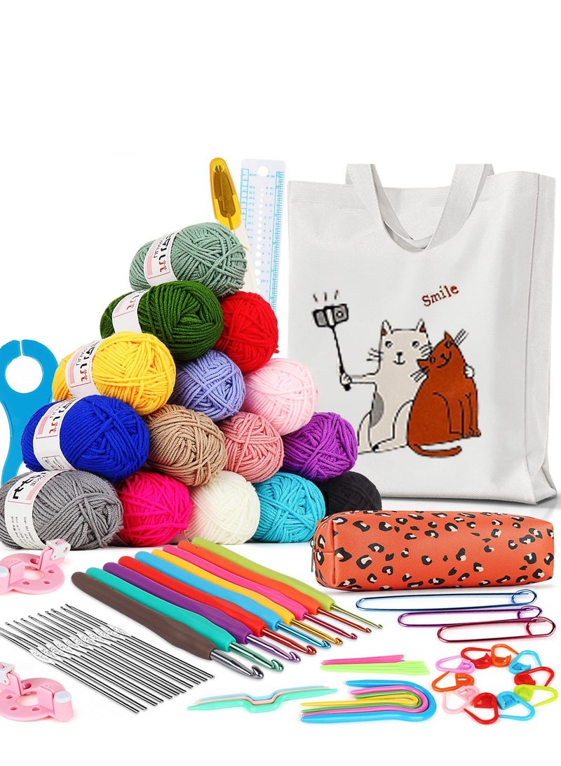 KASTWAVE Crochet Kit Beginners - Starter Kit with 15 Colors Yarn, 71PCS Crochet Set for Kids/Adults.Crochet Kit with Cat Canvas Tote Bag, Full Crochet Accessories & Instructions - Image 1
