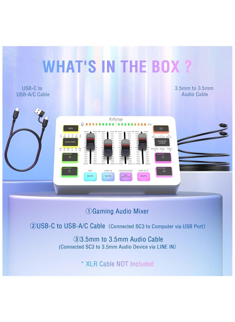 FIFINE Audio Mixer, Gaming Streaming PC Mixer with Slider Fader, XLR Microphone Interface, Monitoring, for Video/Game Voice/Podcast Recording-AmpliGame SC3W