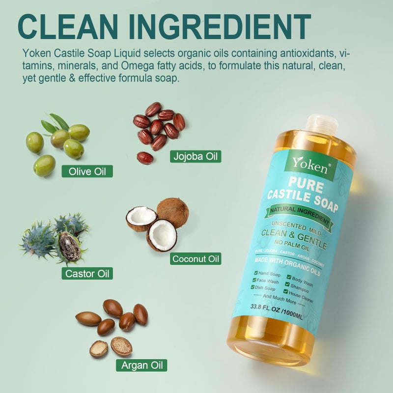 Yoken Pure Castile Soap Liquid Unscented 67 fl oz Castile Liquid Soap Made With Organic Oil, Clean & Gentle, No Palm Oil, Vegan, Natural Castille soaps for Face Body Hand Wash, Dishes Multi-purpose - Image 3