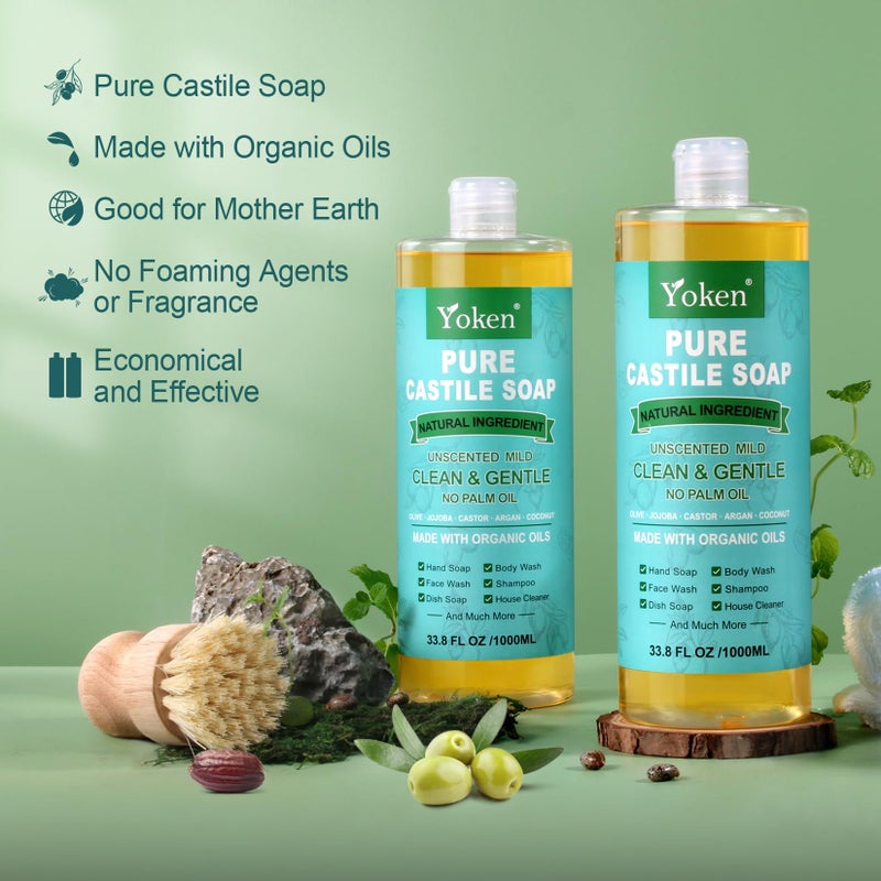 Yoken Pure Castile Soap Liquid Unscented 67 fl oz Castile Liquid Soap Made With Organic Oil, Clean & Gentle, No Palm Oil, Vegan, Natural Castille soaps for Face Body Hand Wash, Dishes Multi-purpose - Image 2