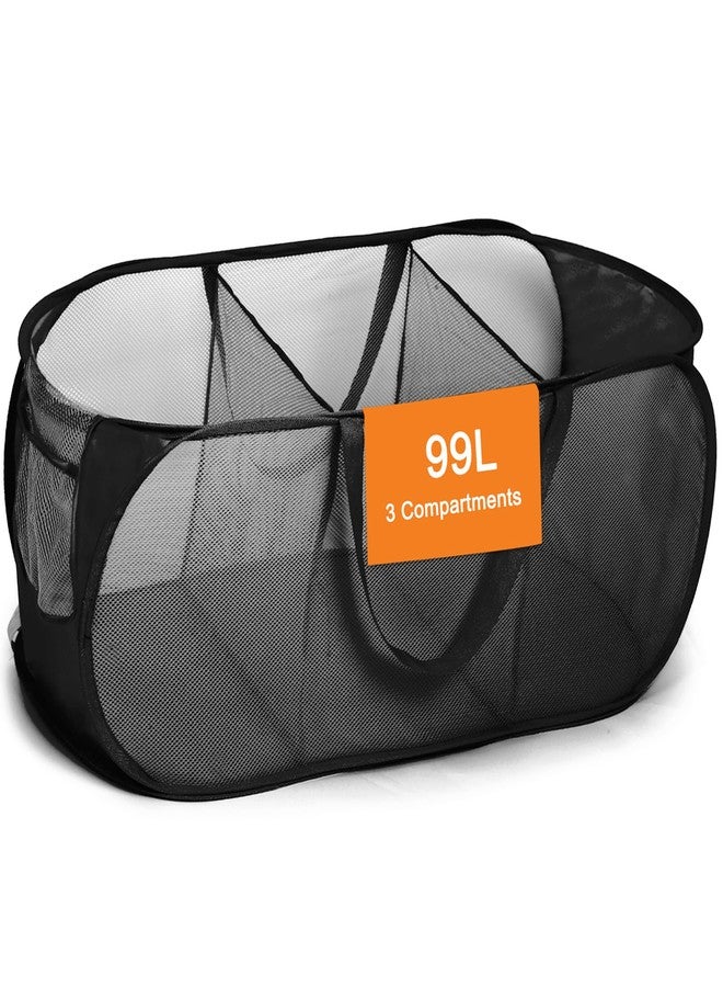 Bemkoo Foldable Laundry Baskets, Collapsible Mesh Laundry Hamper, Durable Pop Up Laundry Basket, 3 Compartments Clothes Hampers for Laundry, Easy to Carry & Sort for Dorm, Home, Kids Room, Travel Black - Image 1