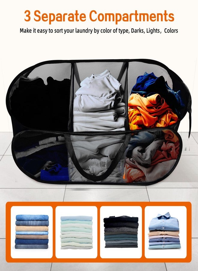 Bemkoo Foldable Laundry Baskets, Collapsible Mesh Laundry Hamper, Durable Pop Up Laundry Basket, 3 Compartments Clothes Hampers for Laundry, Easy to Carry & Sort for Dorm, Home, Kids Room, Travel Black - Image 3