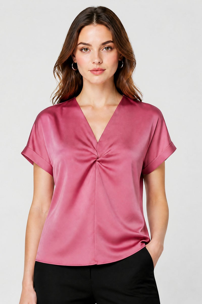 bebe Women V-Neck Cuffed Sleeve Solid Blouse, Mauve - Image 1