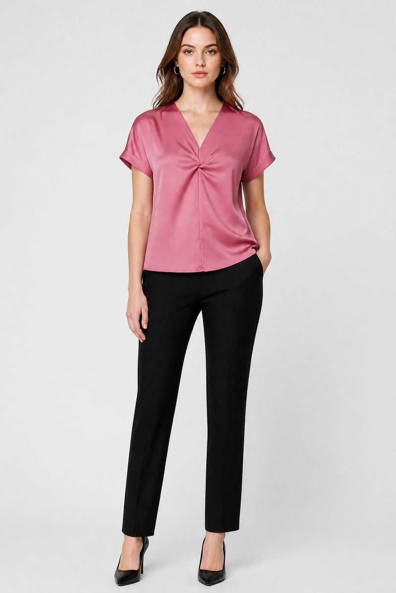 bebe Women V-Neck Cuffed Sleeve Solid Blouse, Mauve - Image 5