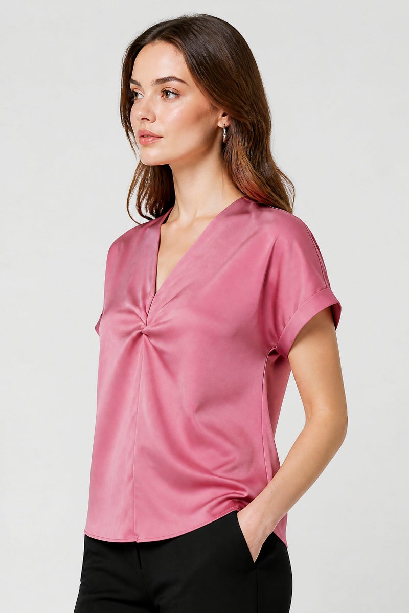 bebe Women V-Neck Cuffed Sleeve Solid Blouse, Mauve - Image 4
