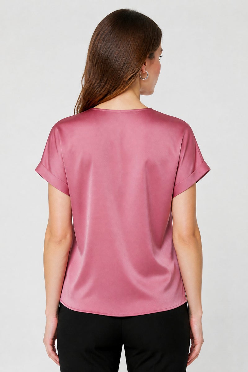 bebe Women V-Neck Cuffed Sleeve Solid Blouse, Mauve - Image 3