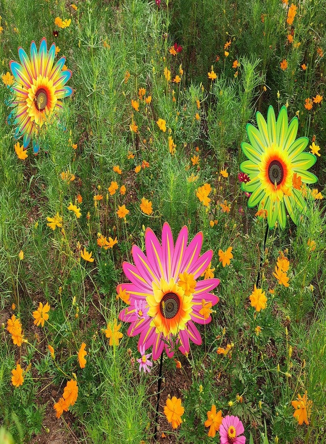 AzsVbvs 3PCS Sunflower Pinwheels Outdoor Wind Spinners, Colorful Flower Windmill Decorative Pinwheel for Garden, Yard, Party Outdoor Decor(Green, Blue, Pink) - Image 2