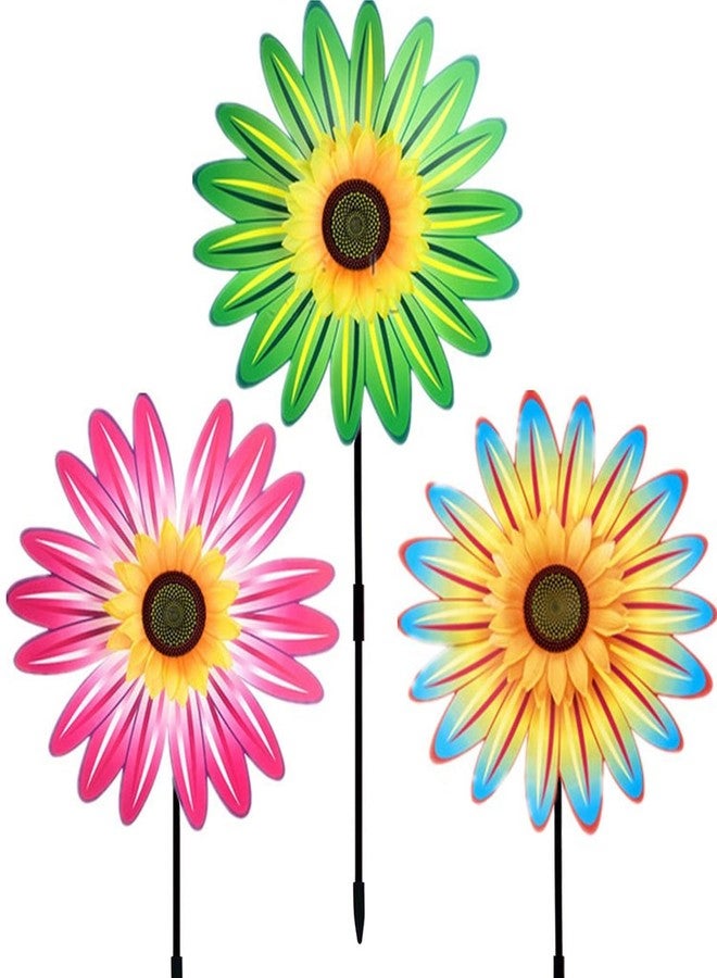 AzsVbvs 3PCS Sunflower Pinwheels Outdoor Wind Spinners, Colorful Flower Windmill Decorative Pinwheel for Garden, Yard, Party Outdoor Decor(Green, Blue, Pink) - Image 1