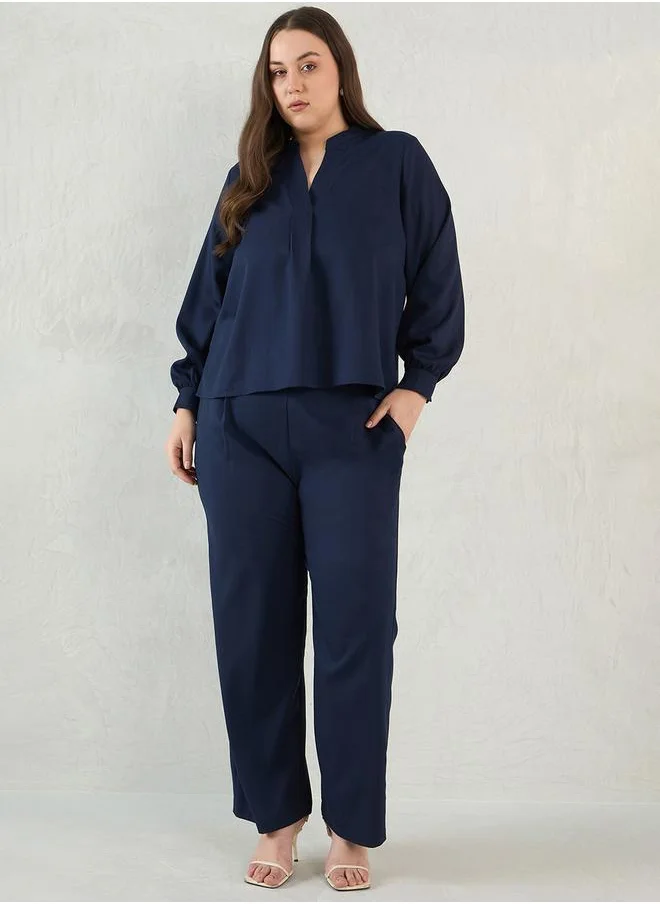 Femmella Plus Size Solid Collared Top and Pants Co-Ords by Styli