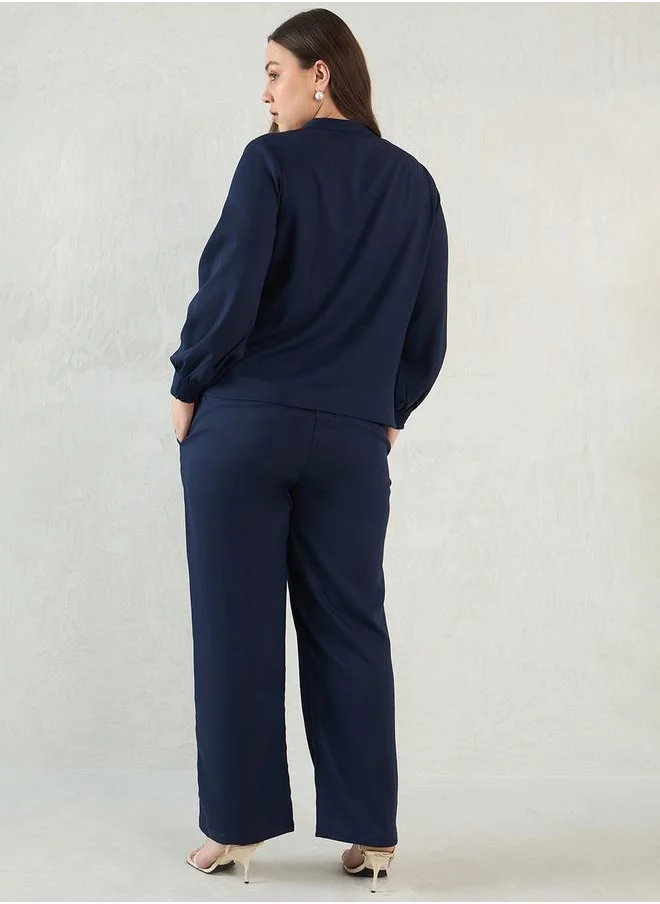 Femmella Plus Size Solid Collared Top and Pants Co-Ords by Styli