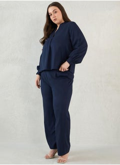 Femmella Plus Size Solid Collared Top and Pants Co-Ords by Styli  - Image 4