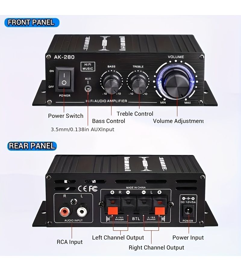 AK 280 600W 2 قناة ميني مضخم صوت ستيريو عالي الدقة مضخم صوت فئة AB مدمج مع مدخل RCA AUX وتحكم في الجهير والثلاثي للمنزل والكمبيوتر والسيارة والتلفزيون ومكبرات الصوت السلبية - Image 3