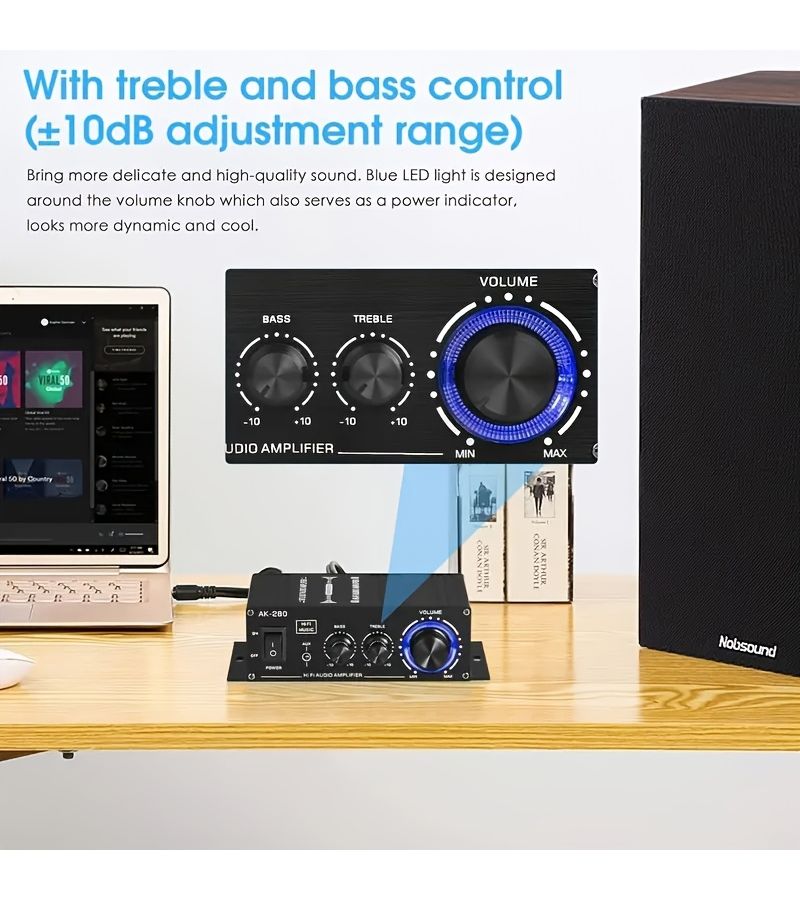AK 280 600W 2 قناة ميني مضخم صوت ستيريو عالي الدقة مضخم صوت فئة AB مدمج مع مدخل RCA AUX وتحكم في الجهير والثلاثي للمنزل والكمبيوتر والسيارة والتلفزيون ومكبرات الصوت السلبية - Image 5