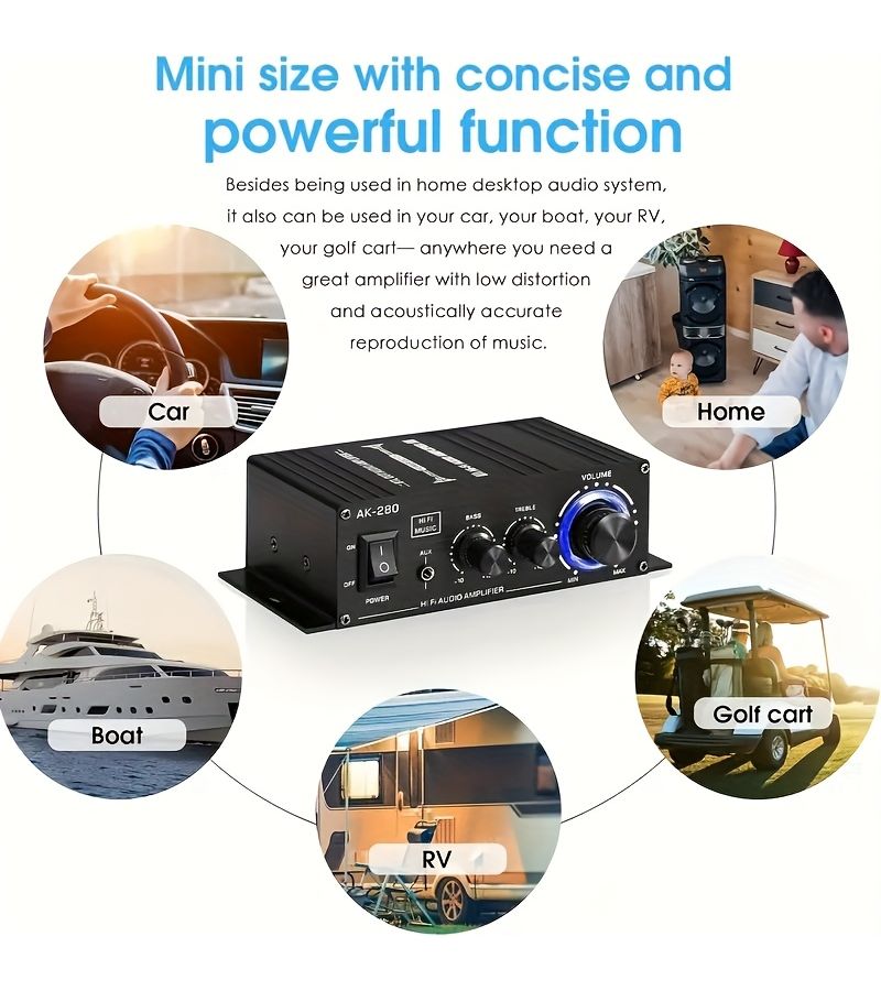 AK 280 600W 2 قناة ميني مضخم صوت ستيريو عالي الدقة مضخم صوت فئة AB مدمج مع مدخل RCA AUX وتحكم في الجهير والثلاثي للمنزل والكمبيوتر والسيارة والتلفزيون ومكبرات الصوت السلبية - Image 4