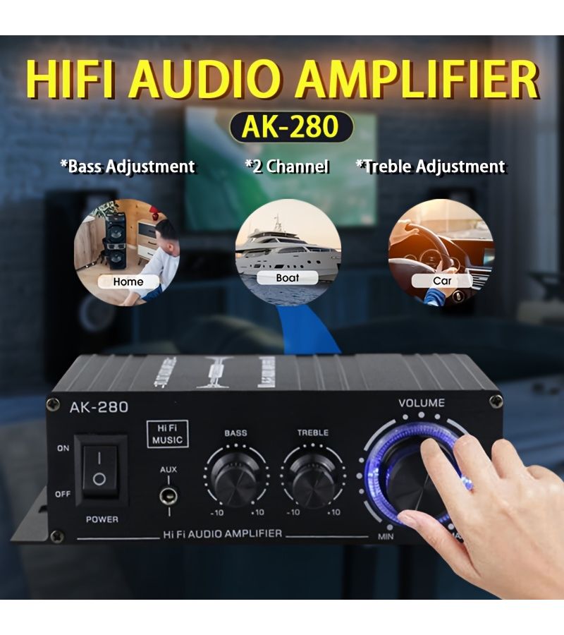 AK 280 600W 2 قناة ميني مضخم صوت ستيريو عالي الدقة مضخم صوت فئة AB مدمج مع مدخل RCA AUX وتحكم في الجهير والثلاثي للمنزل والكمبيوتر والسيارة والتلفزيون ومكبرات الصوت السلبية - Image 1