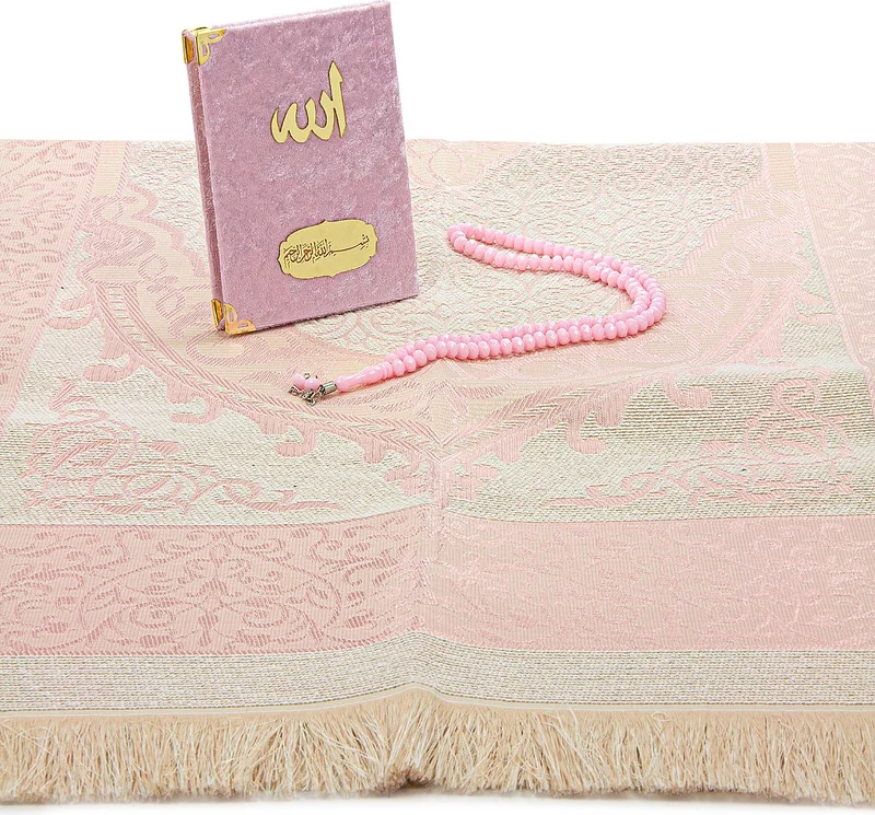 ايهفان Ihvan Velvet Covered Yasin Sharif Book Prayer Rug Set Pink
