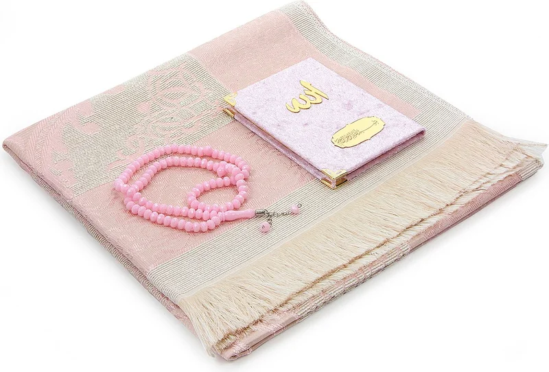 ايهفان Ihvan Velvet Covered Yasin Sharif Book Prayer Rug Set Pink
