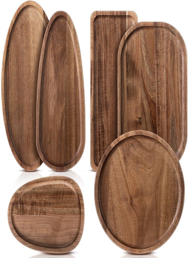 Rtteri Set of 6 Acacia Wood Serving Platters Wooden Plates Solid Wood Serving Tray Charcuterie Board for Kitchen Dinner Food Cheese Appetizer Dessert Snack BBQ Picnic Party Favors Housewarming Gifts - Image 1