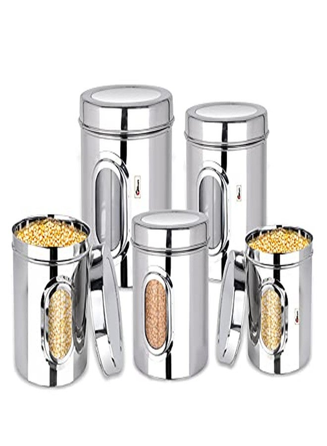 Ebun Heavy Gauge Stainless Steel Multipurpose See Through Small Containers | Air Tight Canister For Kitchen Storage | Ubha Dabba | Transparent Vertical Jar | Silver Combo of 5 Dabba - Image 1