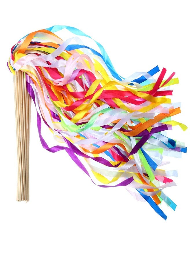 Floratek 30 Pack Ribbon Wands, Mix Color Silk Ribbon Sticks with Bells Fairy Stick Party Streamers for Wedding Party Favors Baby Shower Holiday Celebration - Image 1