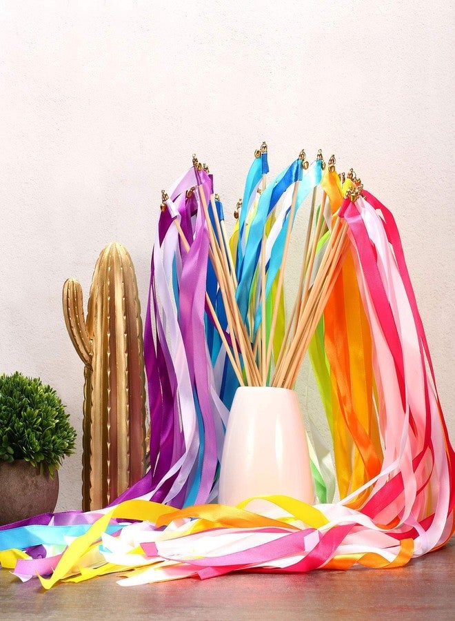 Floratek 30 Pack Ribbon Wands, Mix Color Silk Ribbon Sticks with Bells Fairy Stick Party Streamers for Wedding Party Favors Baby Shower Holiday Celebration - Image 3