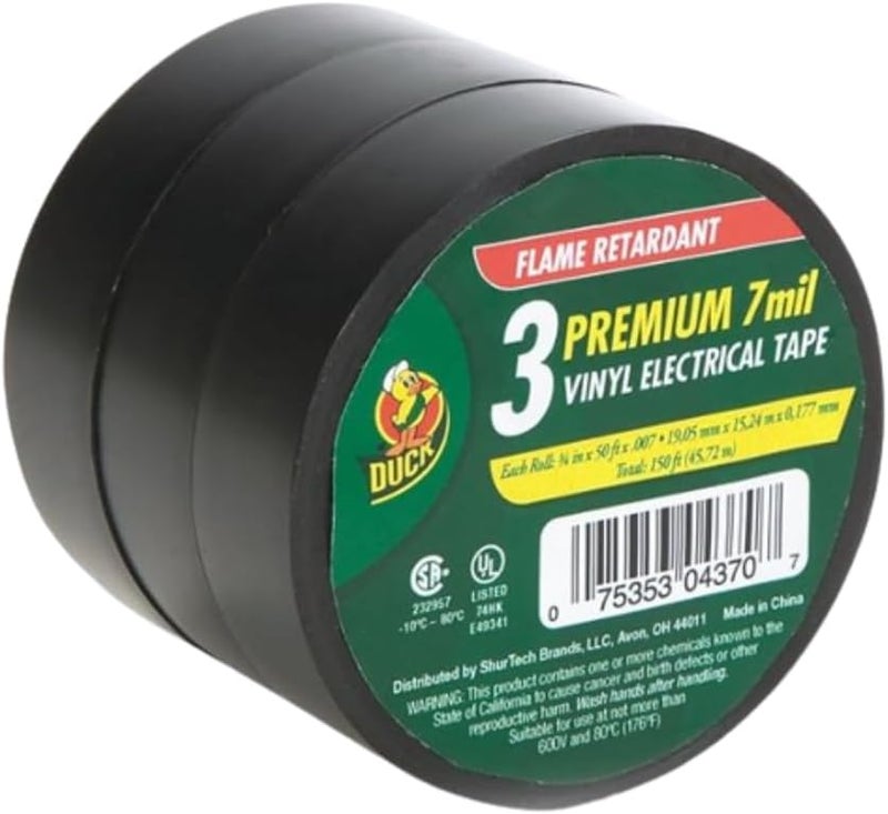 Duck Brand Professional Electrical Tape, 0.75-Inch by 50-Feet, 3-Pack of Rolls, Black (299004) - Image 1
