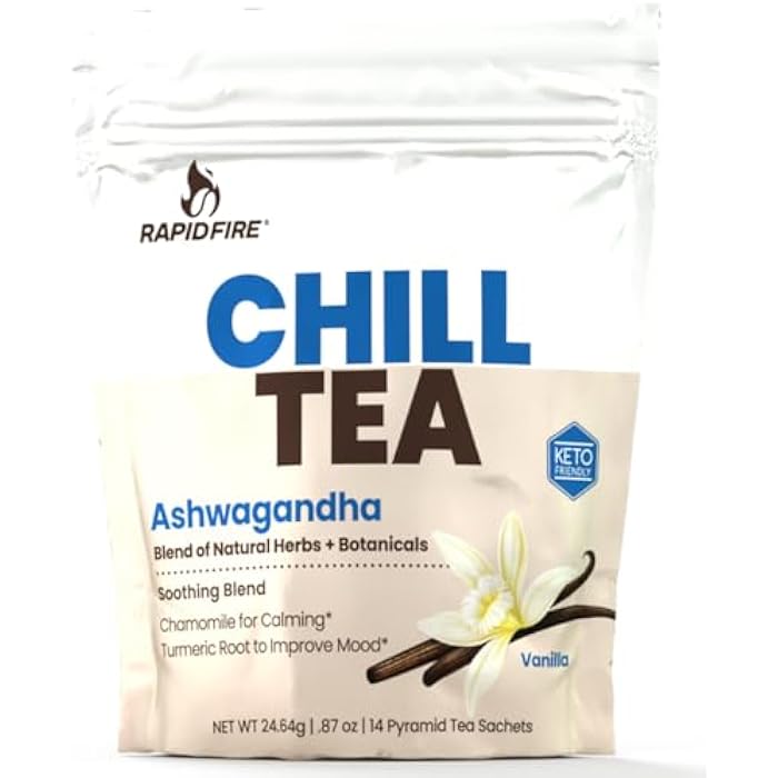 Rapid Fire Chill Tea, Soothing Blend, Promotes Relaxation, with Ashwagandha, Chamomile, Turmeric, Stress Relief Tea, Caffeine Free, 14 Tea Bags, 14 Servings - Image 1