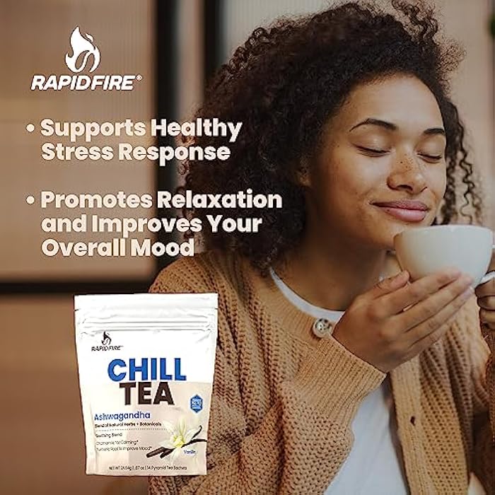 Rapid Fire Chill Tea, Soothing Blend, Promotes Relaxation, with Ashwagandha, Chamomile, Turmeric, Stress Relief Tea, Caffeine Free, 14 Tea Bags, 14 Servings - Image 5