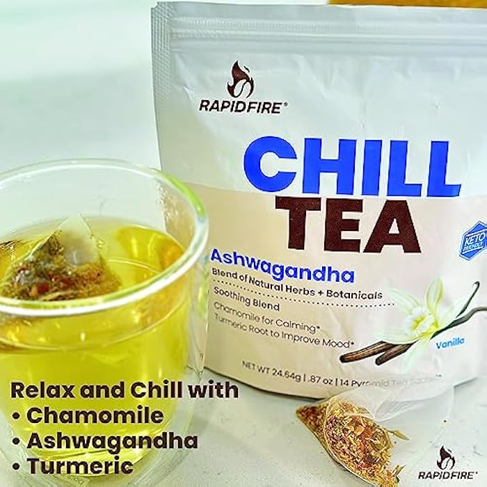 Rapid Fire Chill Tea, Soothing Blend, Promotes Relaxation, with Ashwagandha, Chamomile, Turmeric, Stress Relief Tea, Caffeine Free, 14 Tea Bags, 14 Servings - Image 4