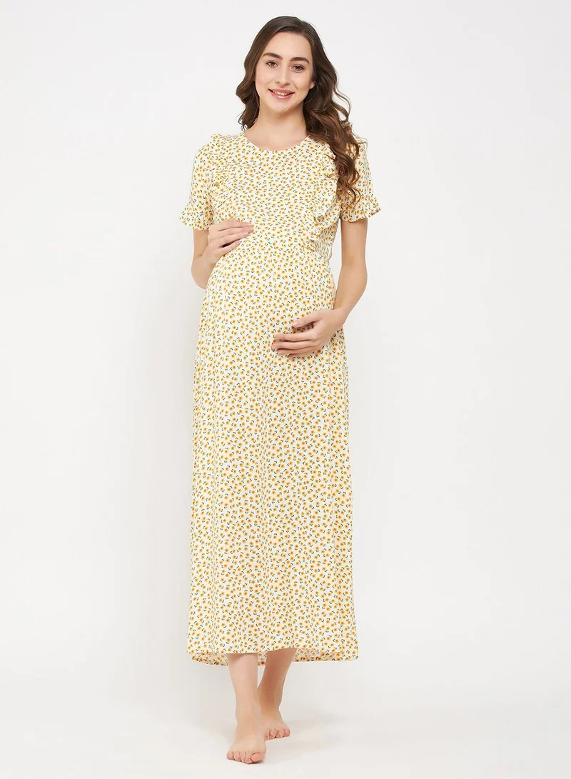 كلوفيا Clovia Pretty Florals Feeding Long Night Dress In White - Rayon