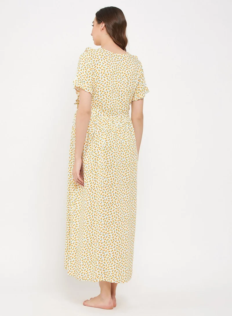 Clovia  Clovia Pretty Florals Feeding Long Night Dress In White - Rayon for Women | Best Price UAE