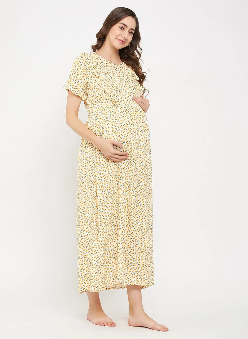 Clovia  Clovia Pretty Florals Feeding Long Night Dress In White - Rayon for Women | Best Price UAE