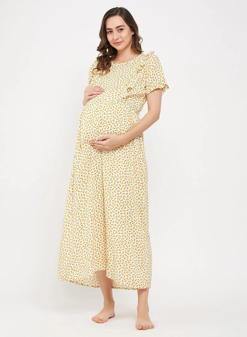 كلوفيا Clovia Pretty Florals Feeding Long Night Dress In White - Rayon