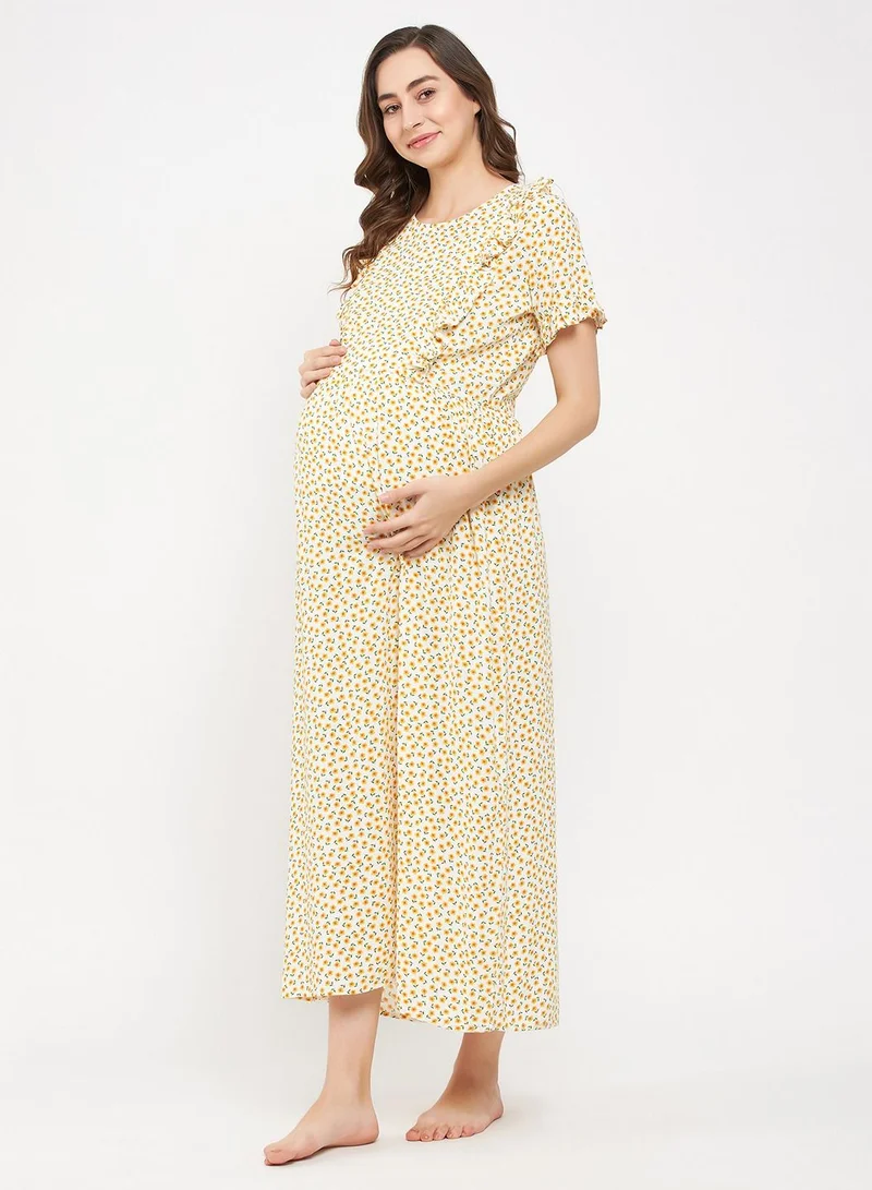 Clovia  Clovia Pretty Florals Feeding Long Night Dress In White - Rayon for Women | Best Price UAE